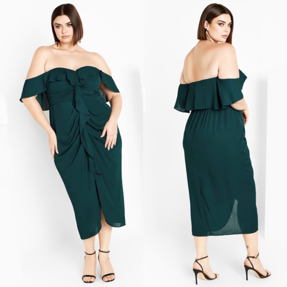 NWT CITY CHIC Emerald Green RUFFLE Off The Shoulder RUCHED Va Va Voom DRESS 14 - Picture 2 of 16